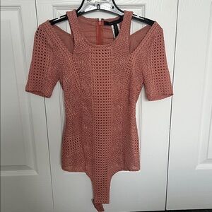 BCBGMaxAzria Dusty Rose Crochet Cold-Shoulder Bodysuit
